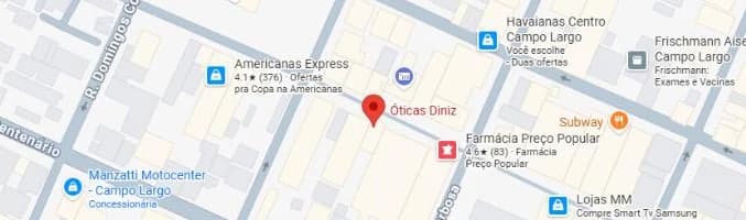 Mapa com a localização da Óticas Diniz Campo Largo, no Centro de Campo Largo